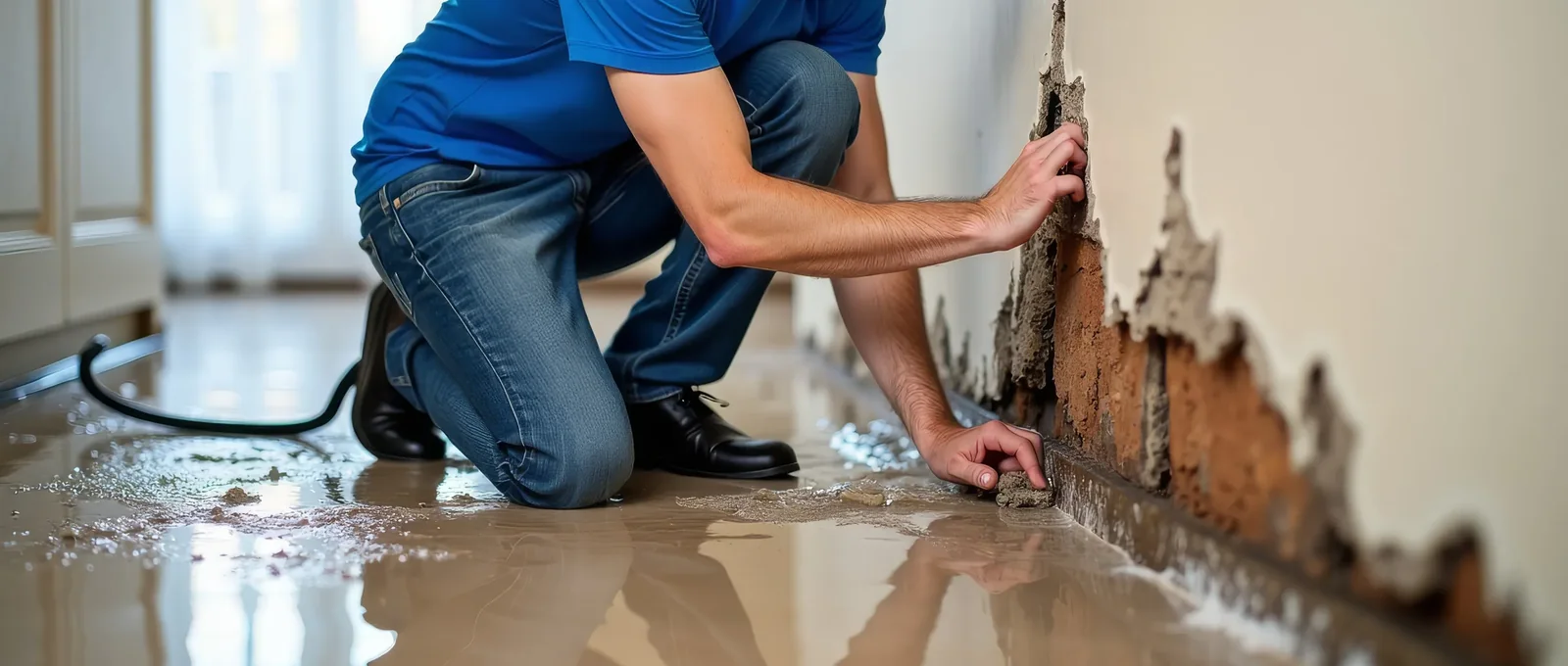 Water-damaged wall and wet floor in a Salt Lake City home
